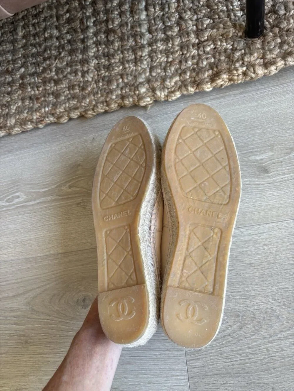CHANEL Beige Tan & Black Lambskin Espadrilles Shoes Flats Sz 40